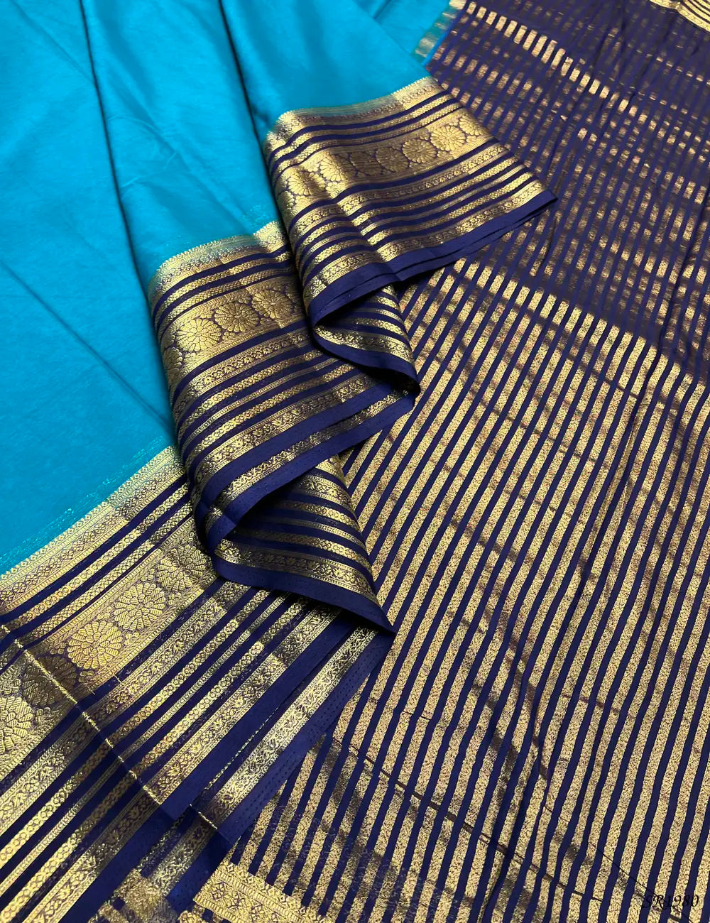Peacock Blue & Ink Blue - Mysore Crepe Saree Pallu View
