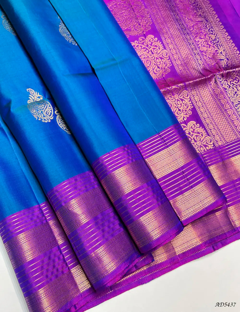 Peacock Blue & Purple - Kanchi Border Soft Silk Saree Front View