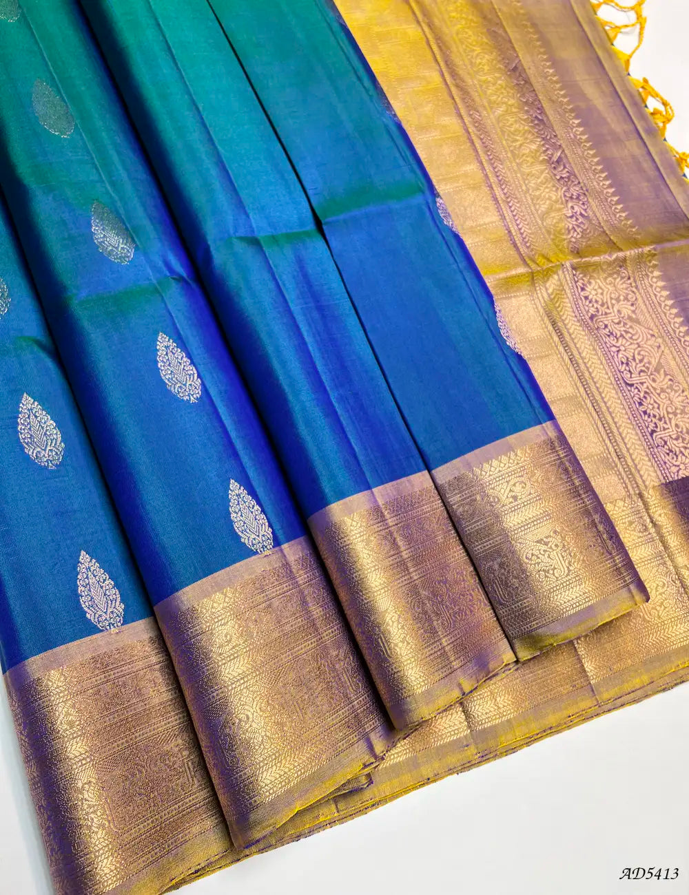 Peacocok Blue & Dual Tone Yellow - Kanchi Border Soft Silk Saree Front View