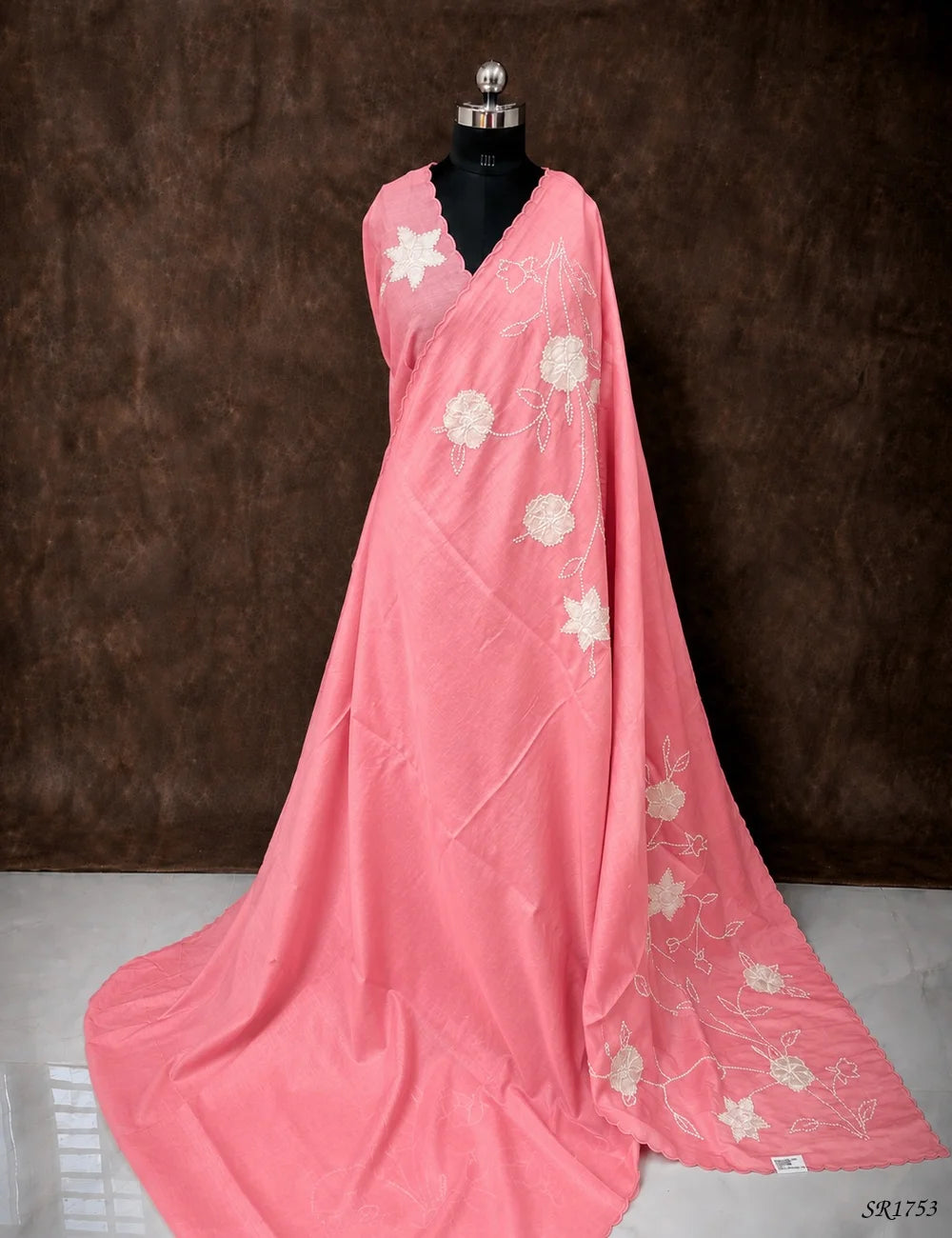 Pink - Chanderi Saree with Thread Work Front View