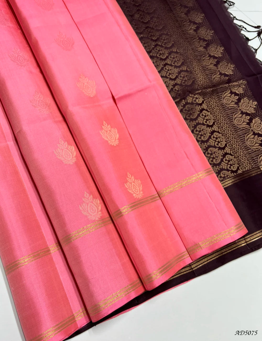 Pink & Coffee Brown - Soft Silk Saree Front View