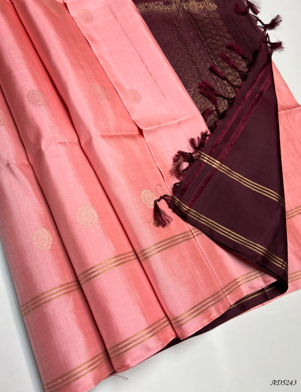 Pink & Coffee Brown - Soft Silk Saree Pallu View
