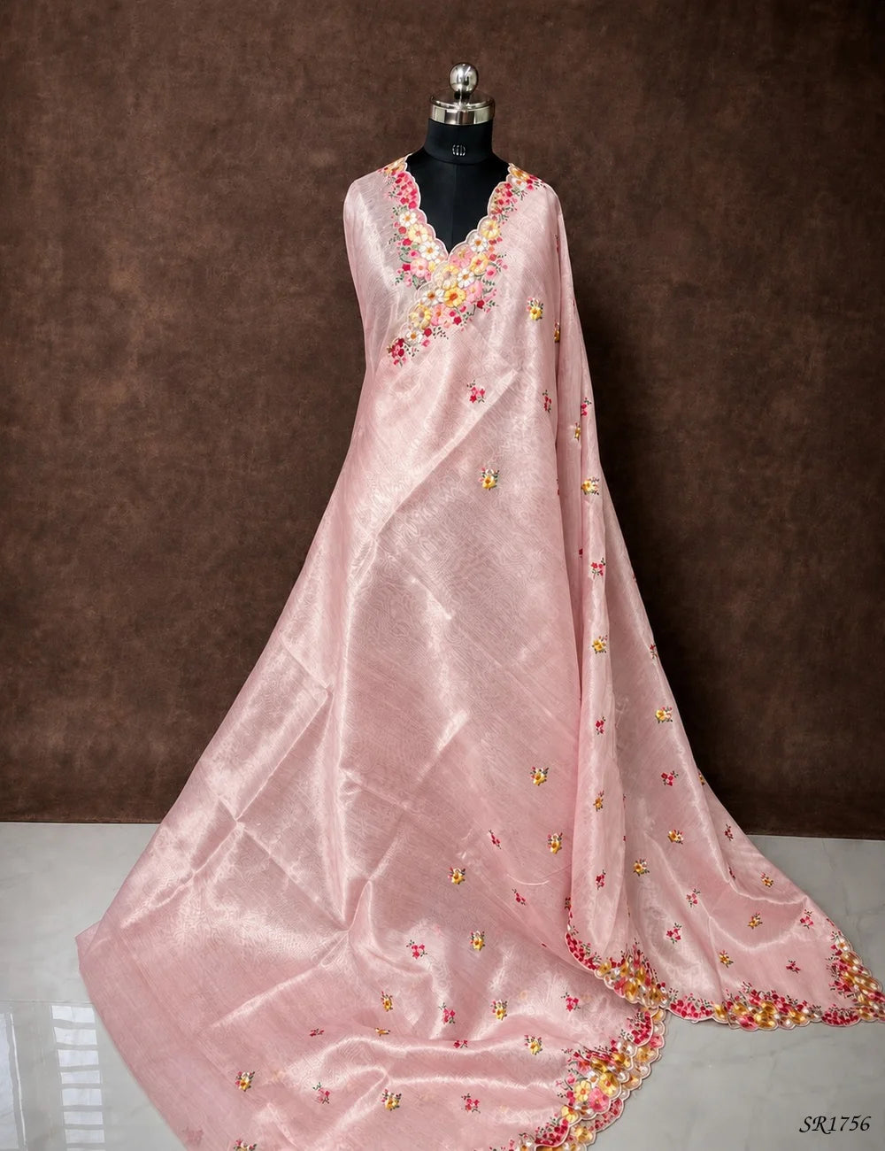 Pink - Embroidered Semi Tussar Saree Front View