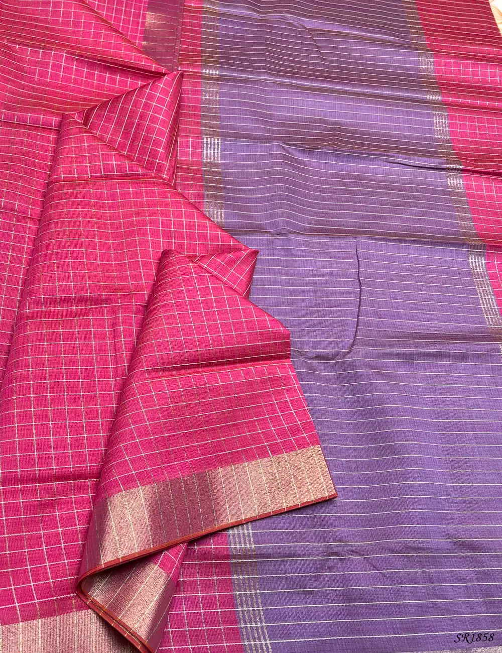Pink & Lavender - Fancy Semi Tussar Saree Front View