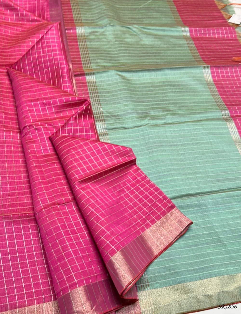 Pink & Mint Green - Fancy Semi Tussar Saree Front View