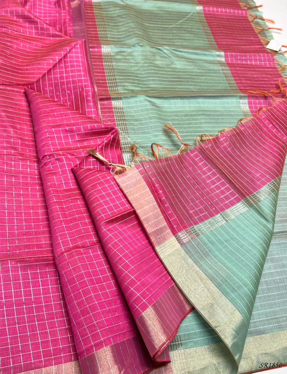 Pink & Mint Green - Fancy Semi Tussar Saree Pallu View