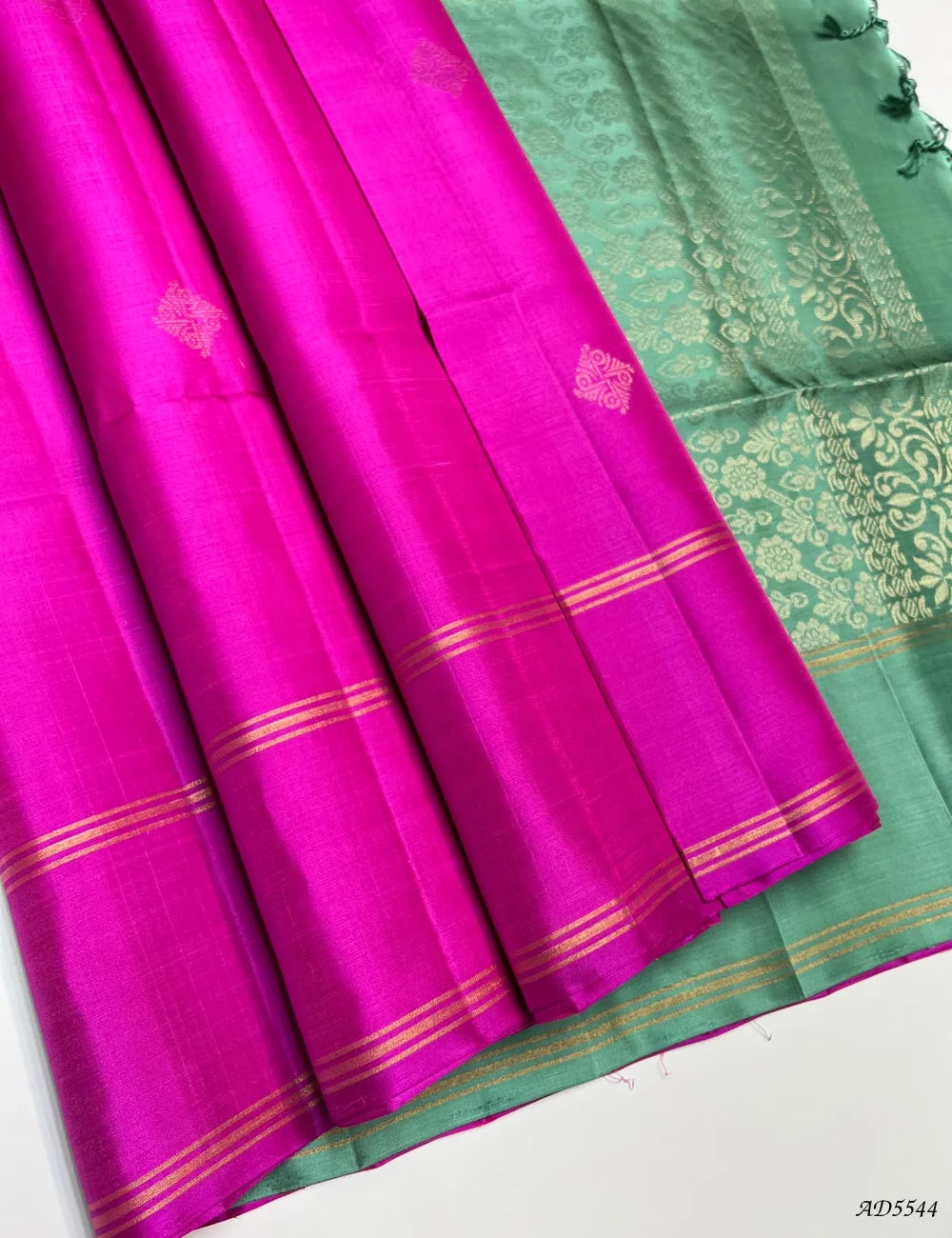 Pink & Mint Green - Soft Silk Saree Front View