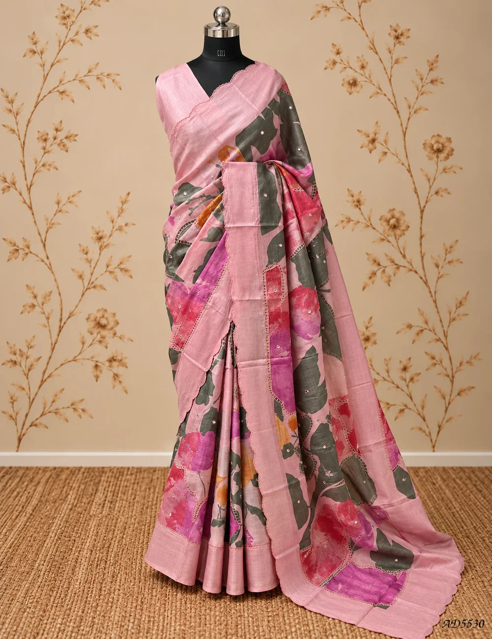 Pink - Pure Tussar With Fancy Cutwork Saree -