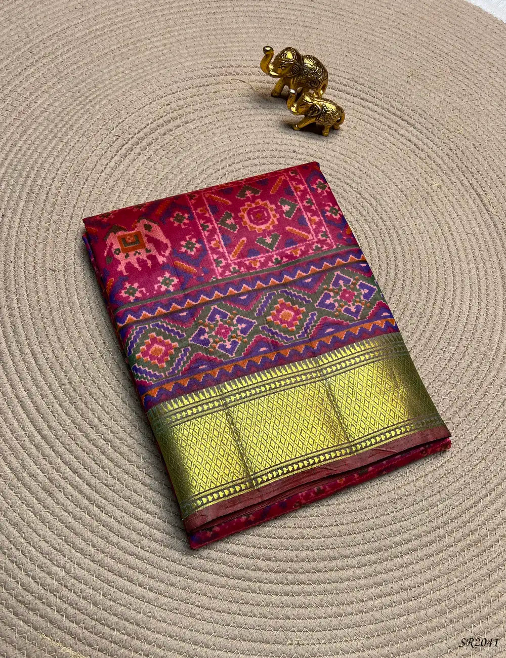 Pink - Semi Patola Saree Front View