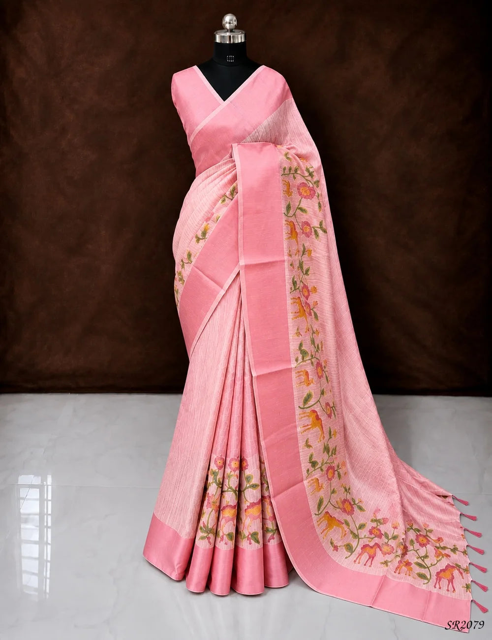 Pink - Silk X Linen Saree Front View