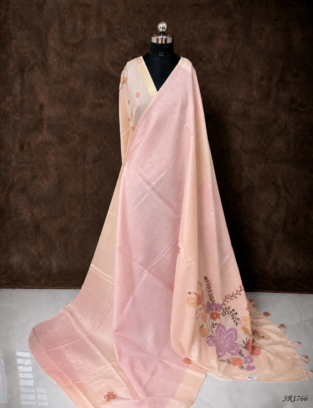 Pink - Tissue Linen with Applique Work Saree Front View