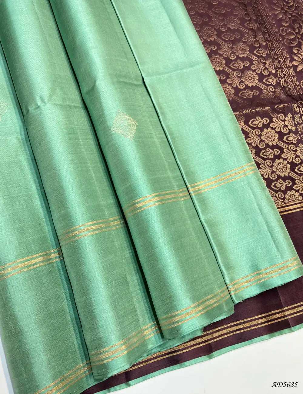 Pista Green & Coffee Brown - Soft Silk Saree Front View