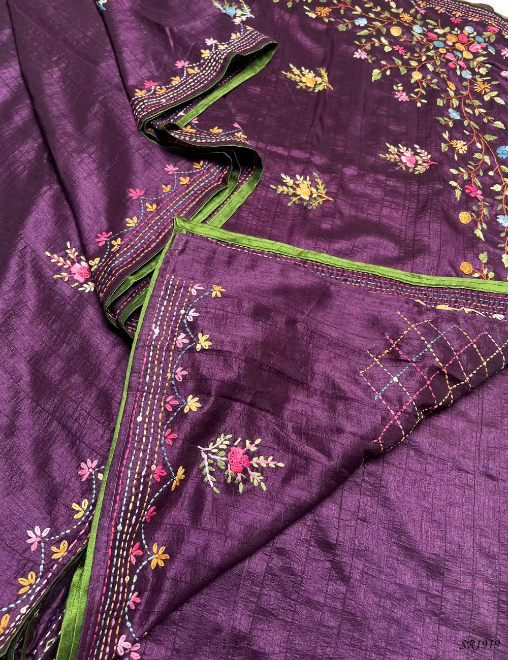 Plum - Fancy Kantha Stitch Saree -