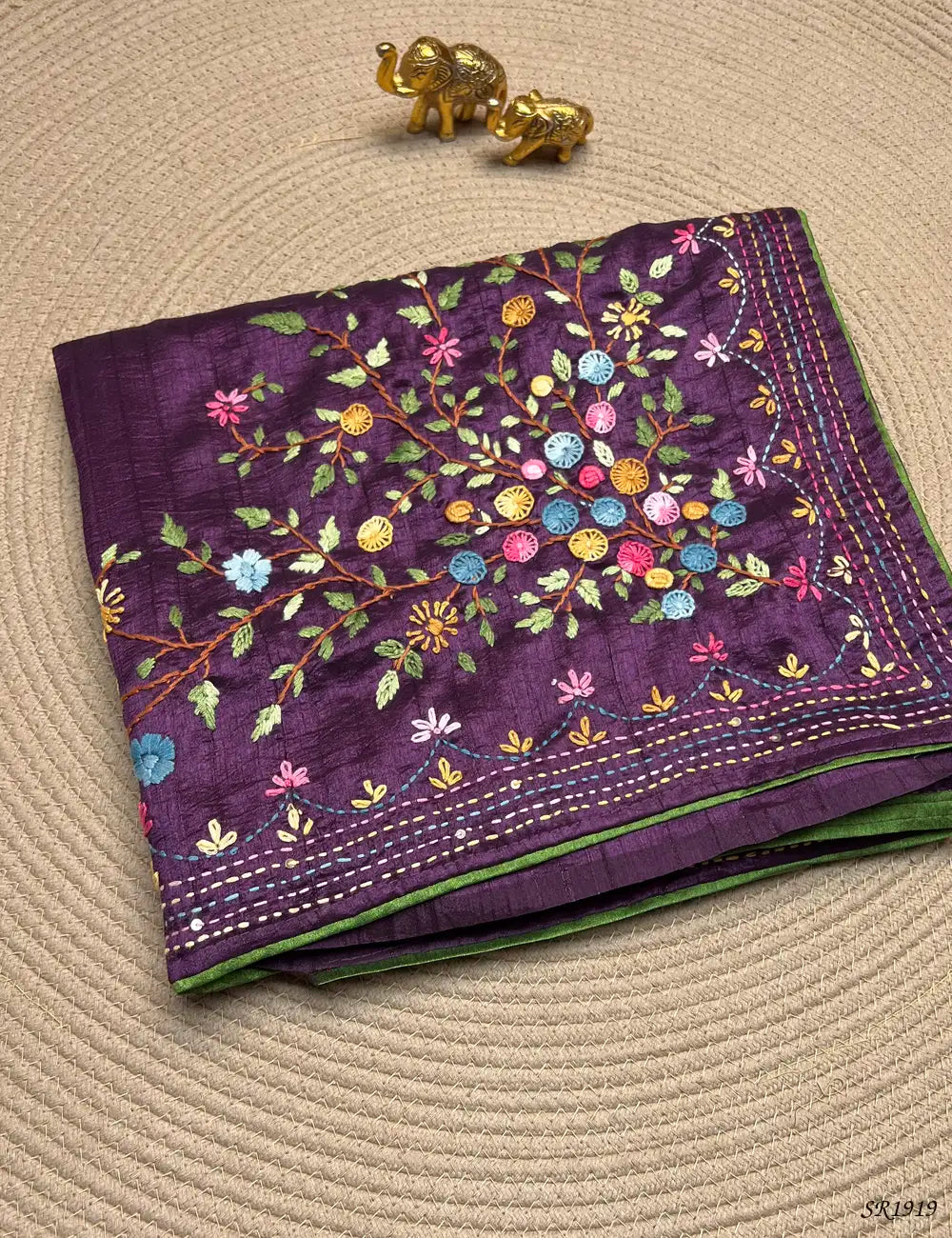 Plum - Fancy Kantha Stitch Saree Front View