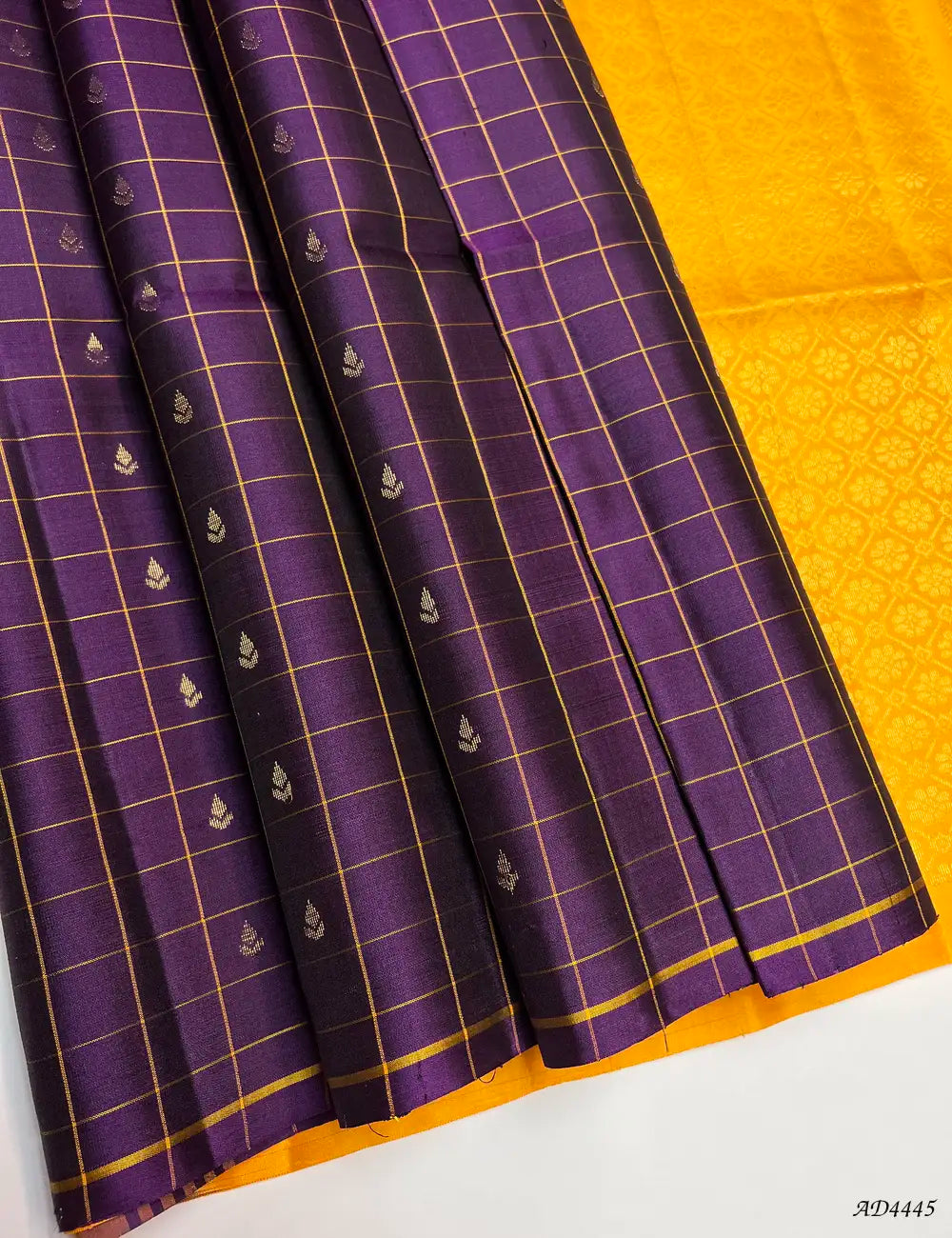 Plum & Mango Yellow - Checkerd Soft Silk Saree Front View