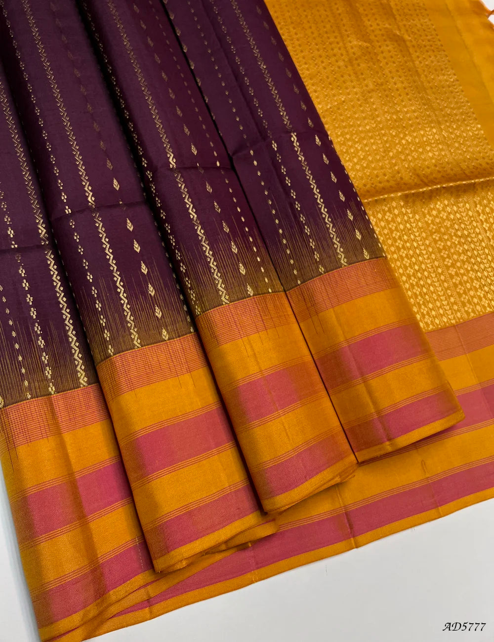 Plum & Yellow - Fancy Border Soft Silk Saree Front View