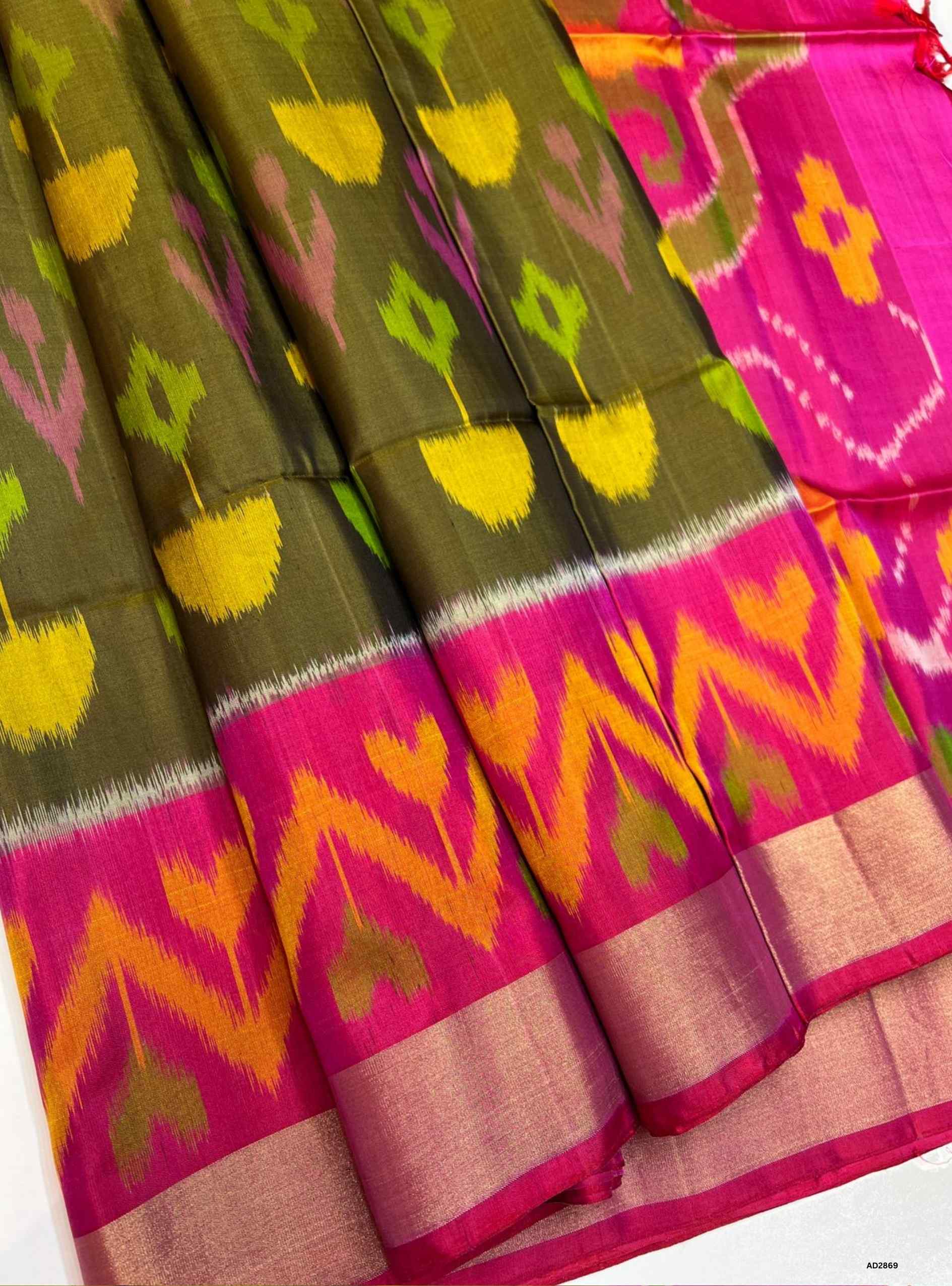 Pochampally Soft Silk Saree in Olive Green body with Reddish Pink pallu, Ikat handwoven design, Half Fine Gold Zari, 6.25m length including blouse.