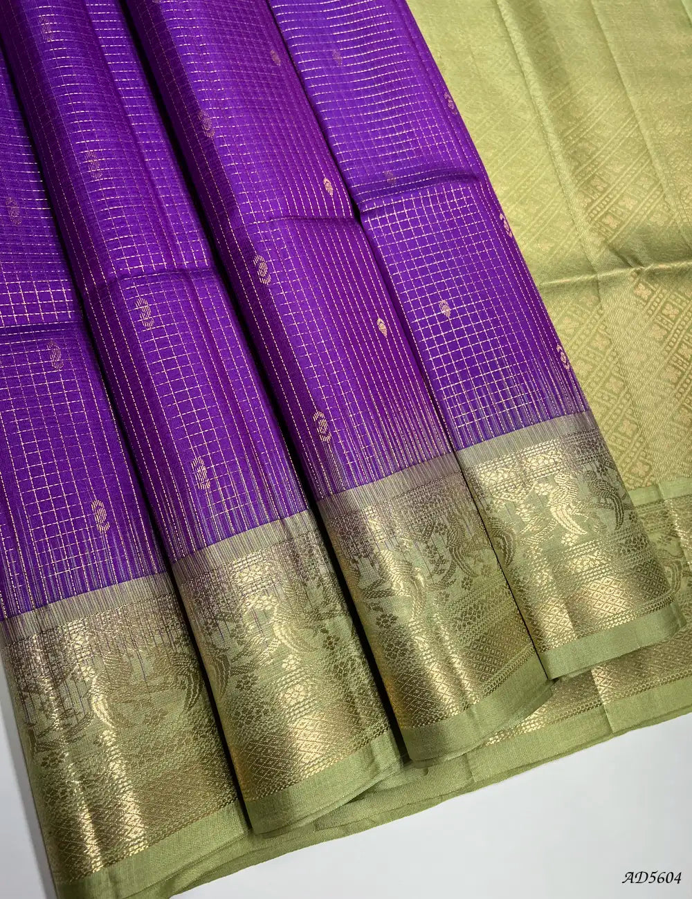 Purple & Ellachi Green - Checkerd X Kanchi Border Soft Silk Saree Front View