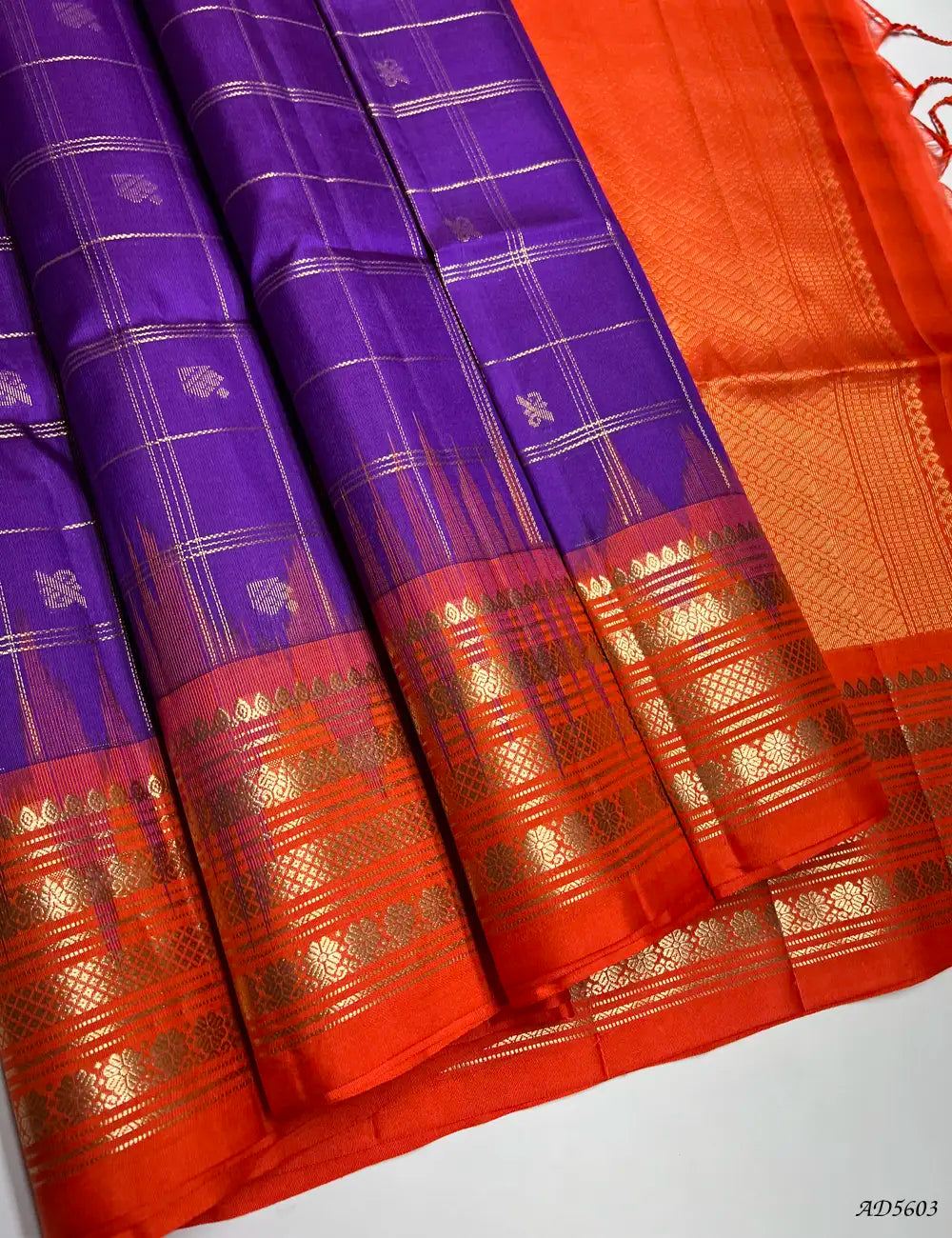 Purple & Fanta Orange - Checkerd X Kanchi Border Soft Silk Saree Front View