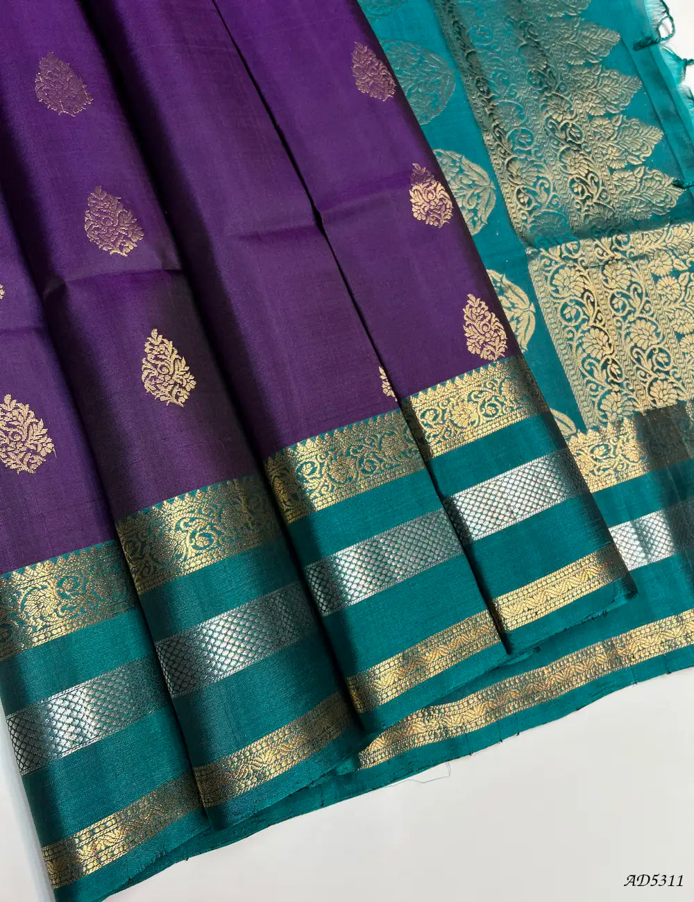 Purple & Green - Retta Pet Soft Silk Saree Front View