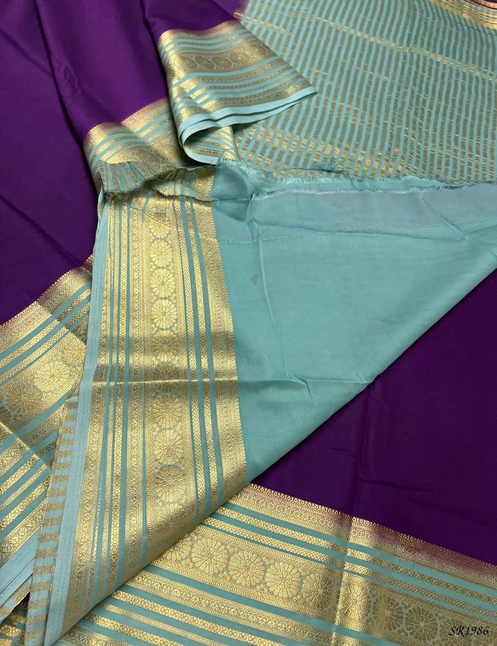 Purple & Mint Green - Mysore Crepe Saree -