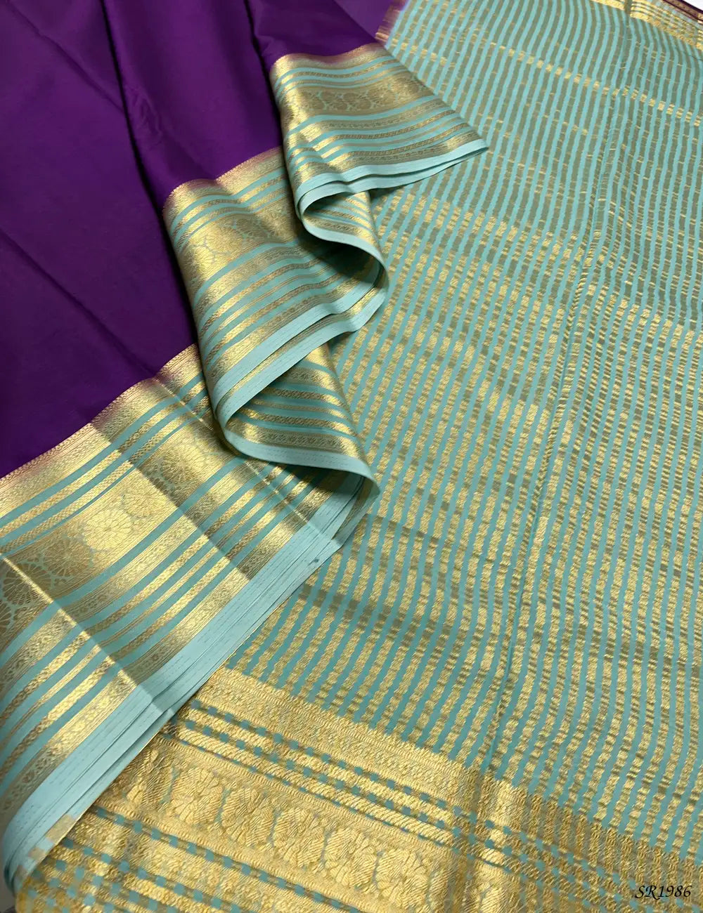 Purple & Mint Green - Mysore Crepe Saree Pallu View