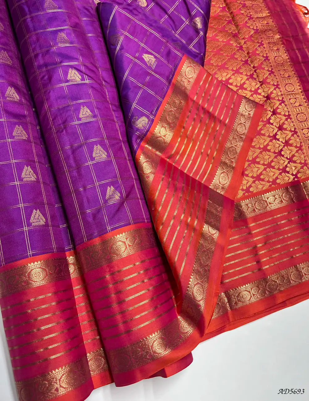 Purple & Orange - Checkerd Retta Pet Border Soft Silk Saree Front View