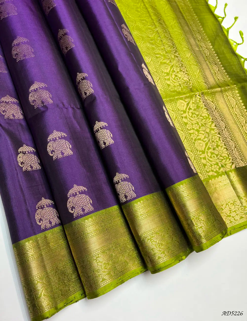 Purple & Parrot Green - Kanchi Border Soft Silk Saree Front View