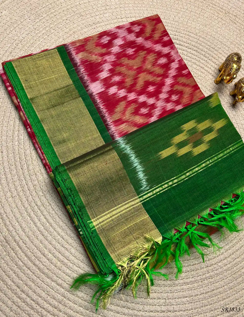 Raddish Red & Green - Ikkat Kora Cotton Front View
