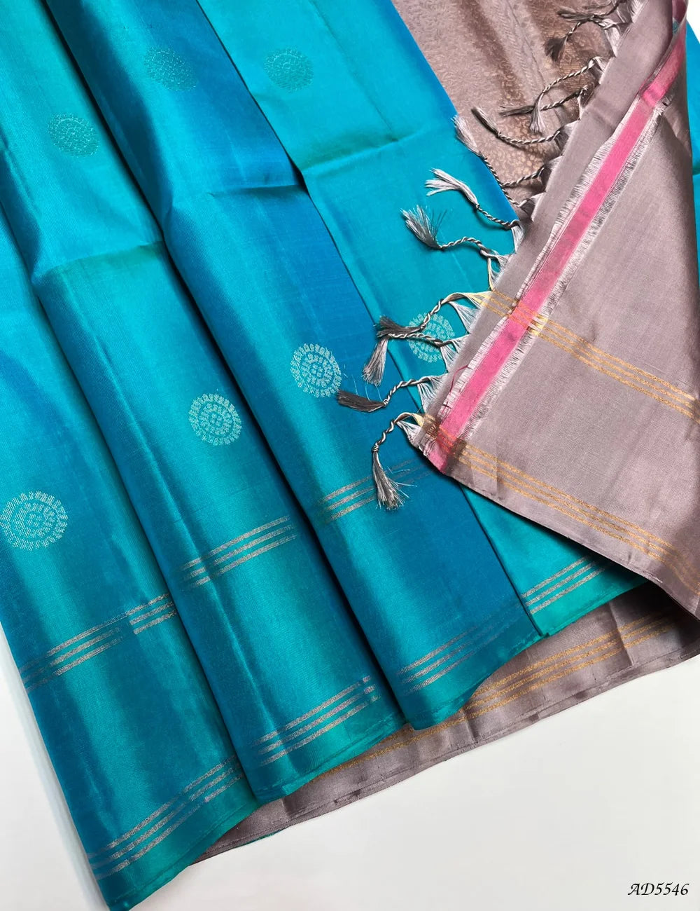 Rama Blue & Milky Gray - Soft Silk Saree Front View