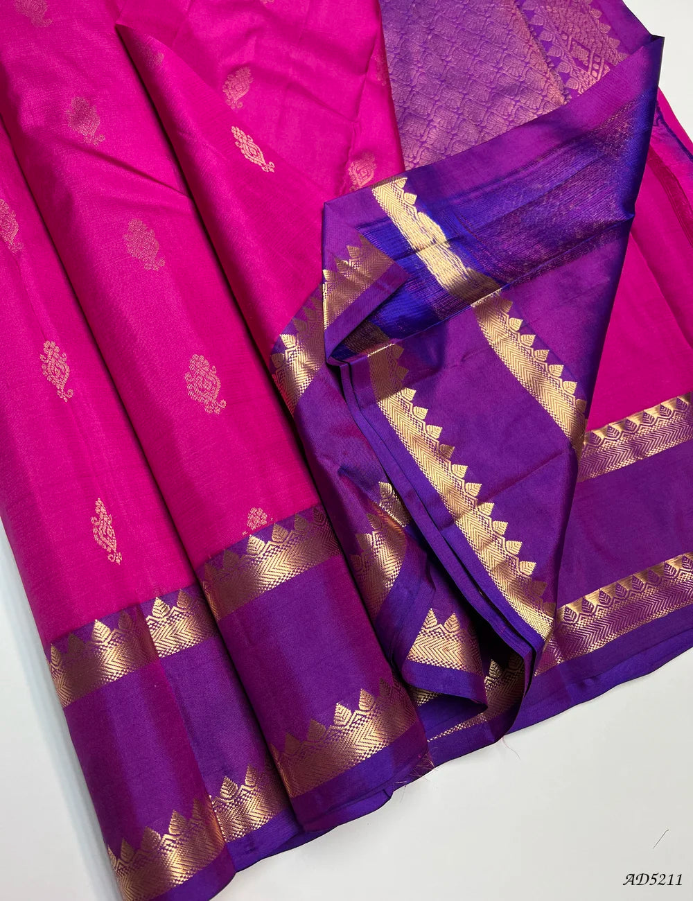 Rani Pink & Purple - Retta Pet Border Soft Silk Saree Front View