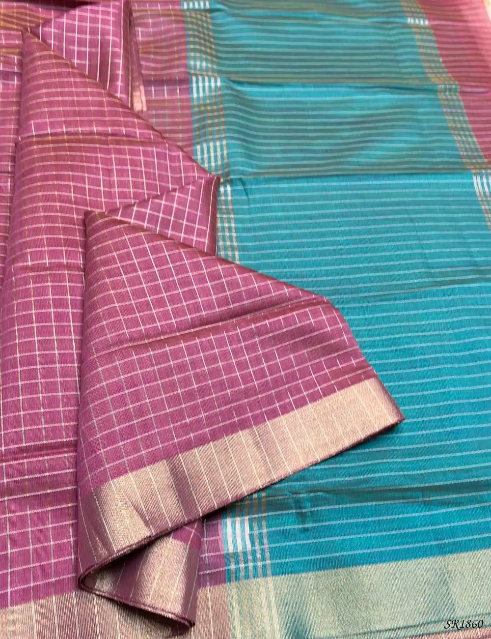 Rassberry & Aqua Blue - Fancy Semi Tussar Saree Front View