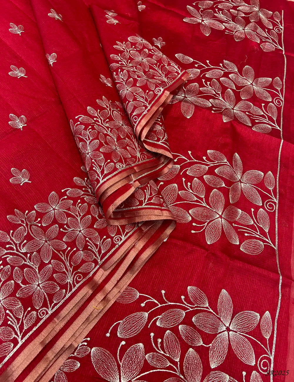 Red - Kota With Embroidery Saree Pallu View