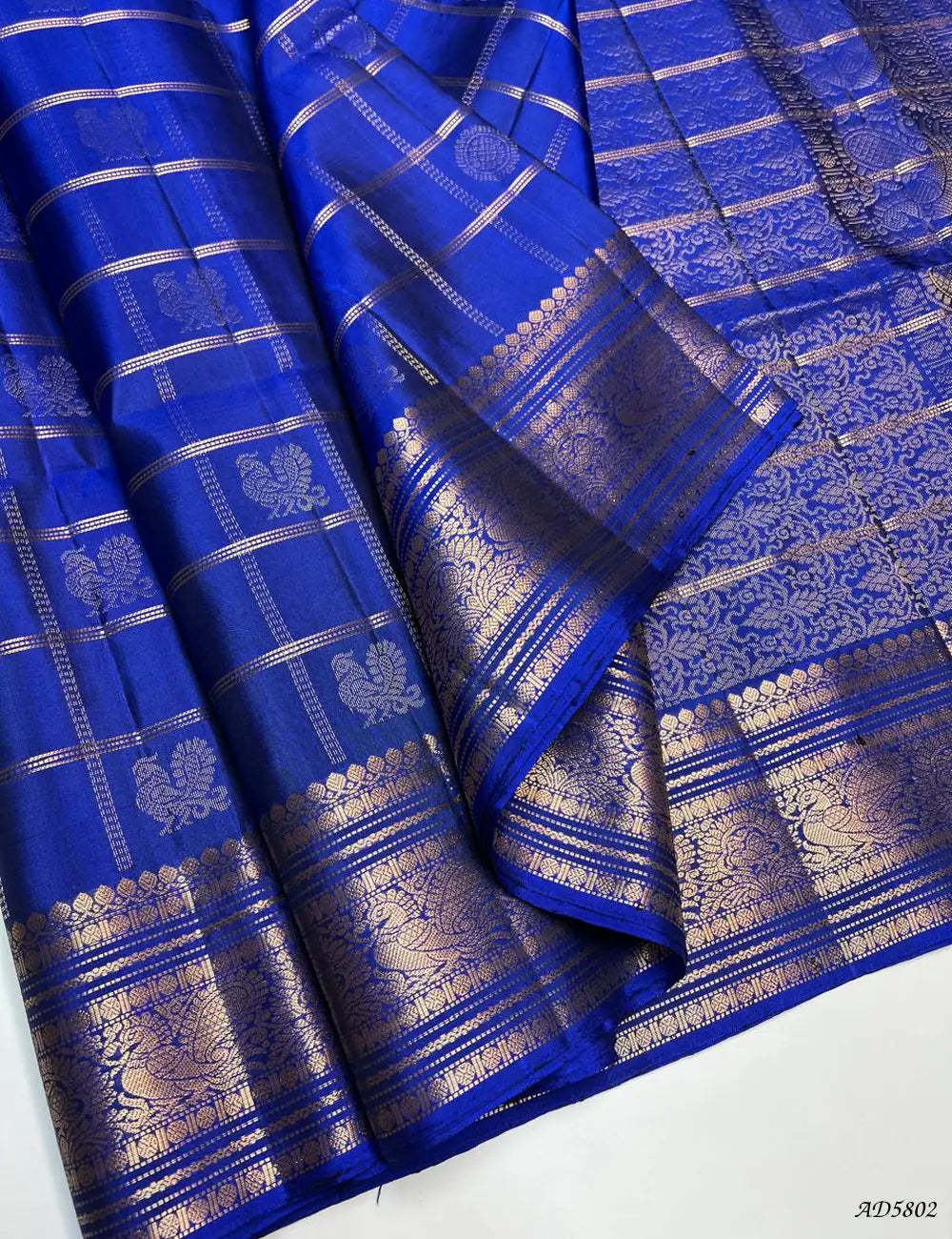 Royal Blue - Checkerd X Kanchi Border Soft Silk Saree Front View