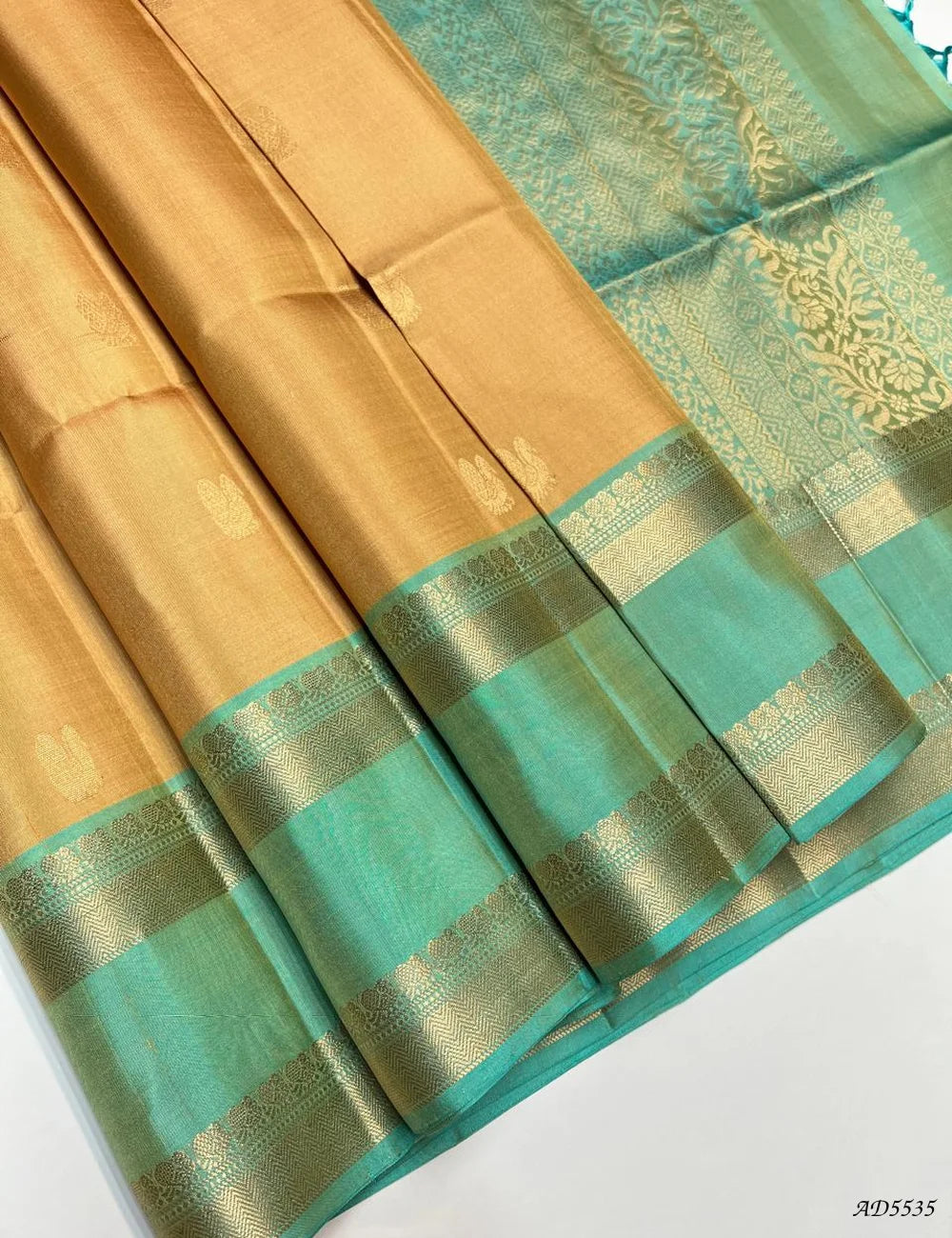 Sandal & Mint Blue - Retta Pet Border soft Silk Saree Front View