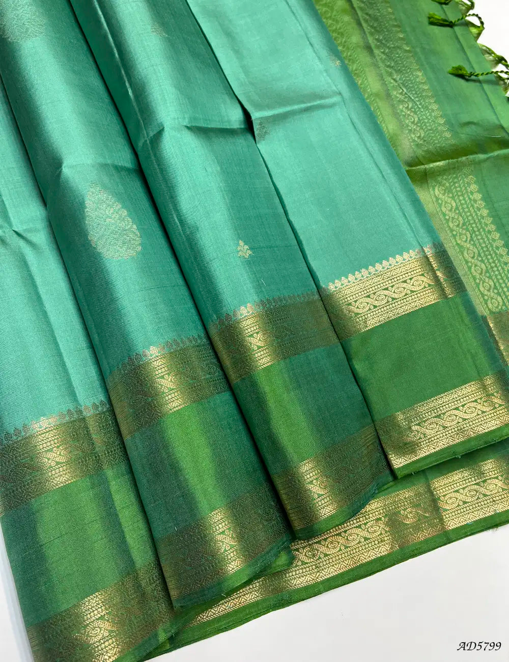 Sea Green & Green - Kanchi Border Soft Silk Saree Front View