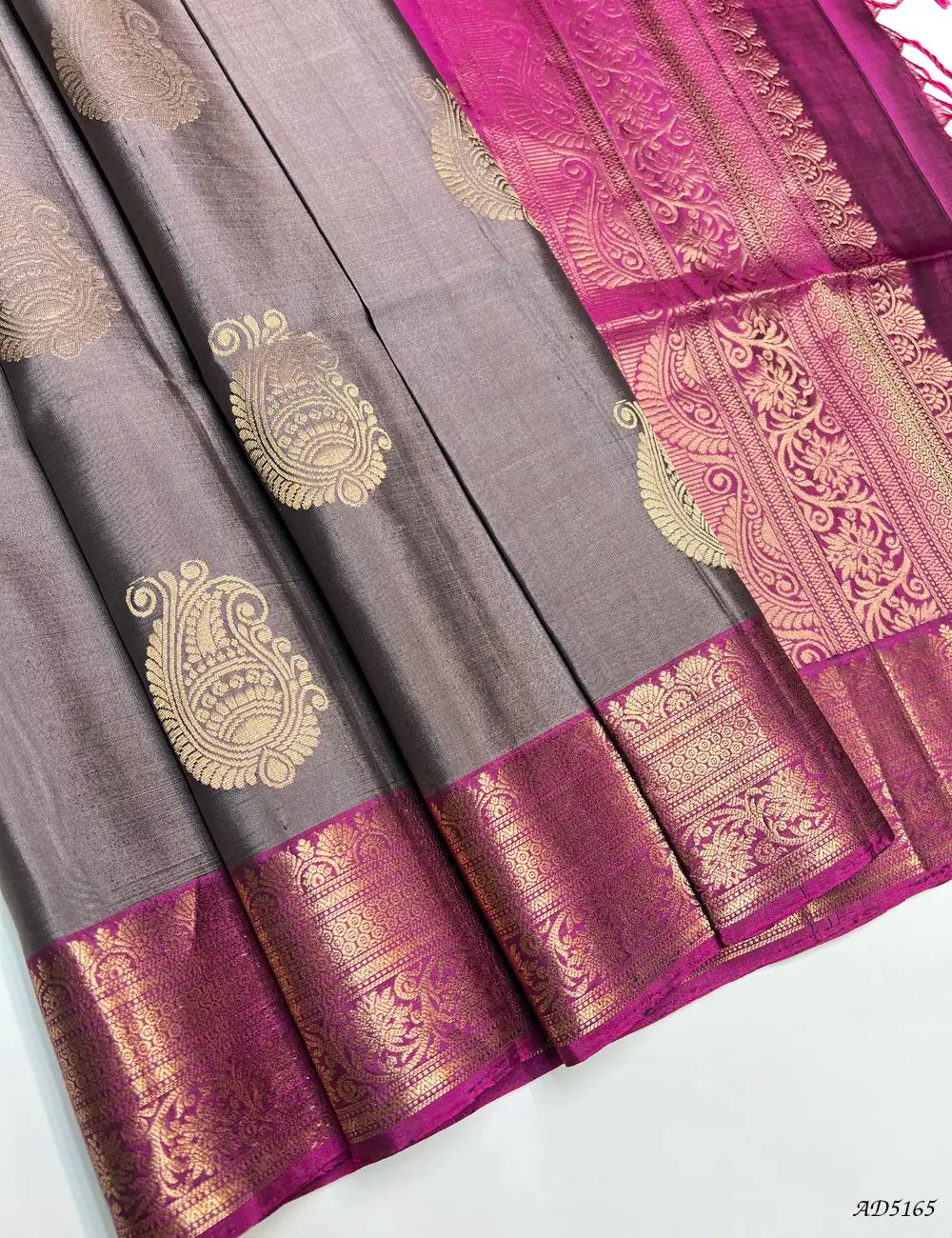 Silver Grey & Magenta - Kanchi Border Soft Silk Saree Front View