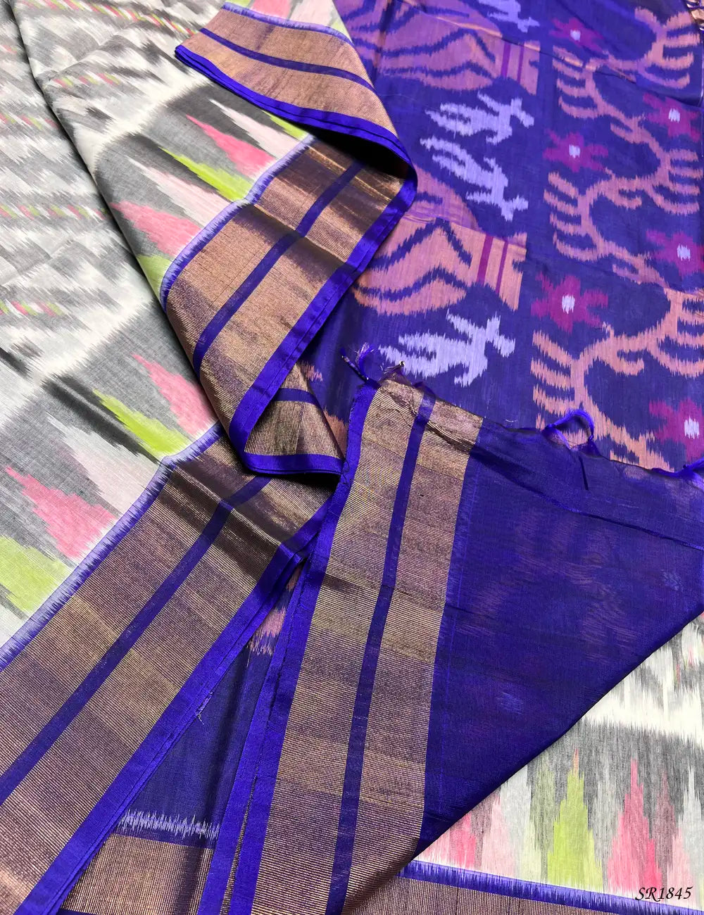Sliver Grey & Purple - Ikkat Kora Cotton -