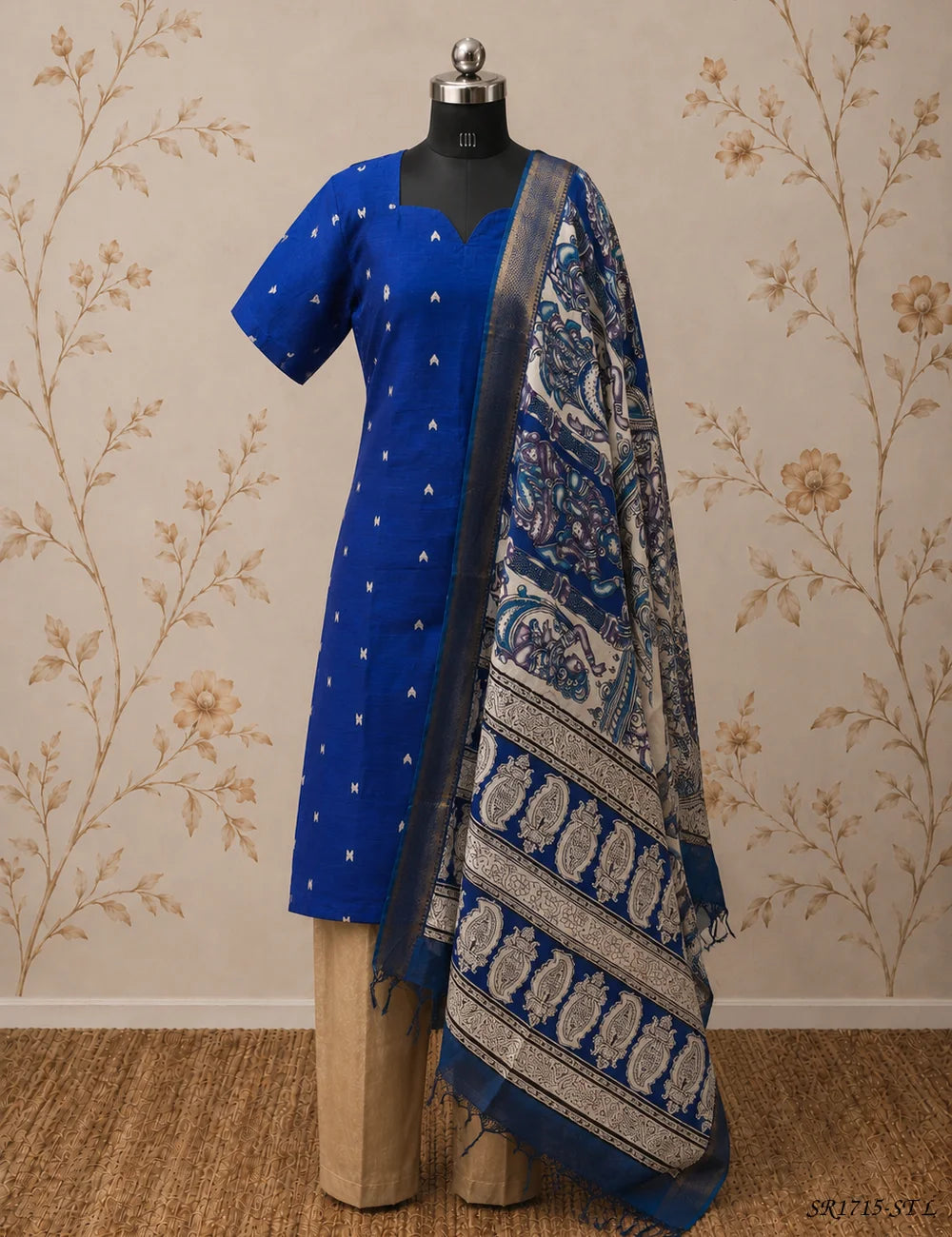 SR1715 (Royal Blue - Raw Silk X KalamKari Stiched Suit 3 Pc Set) L -
