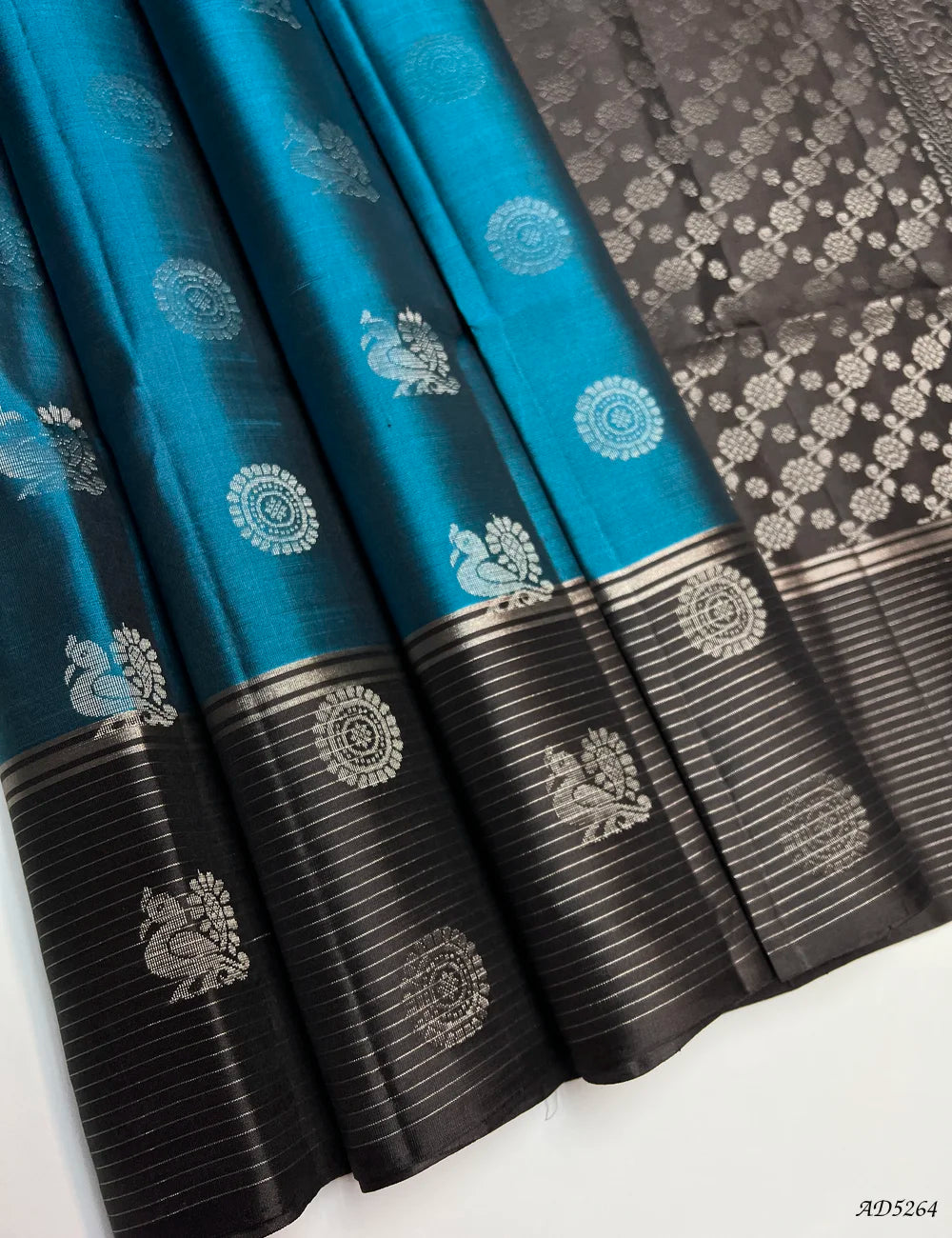 Teal & Coffee Brown - Soft Silk Saree Front View