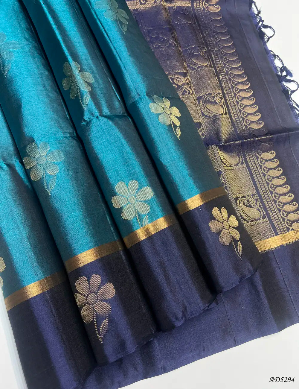 Teal & Ink Blue - Soft Silk Saree Front View