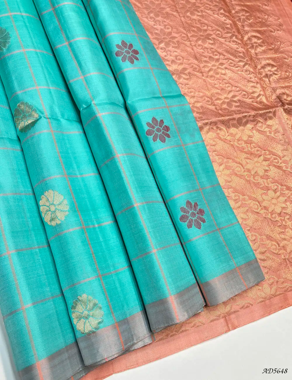 Turquoise & Peach - Checkerd Soft Silk Saree Front View