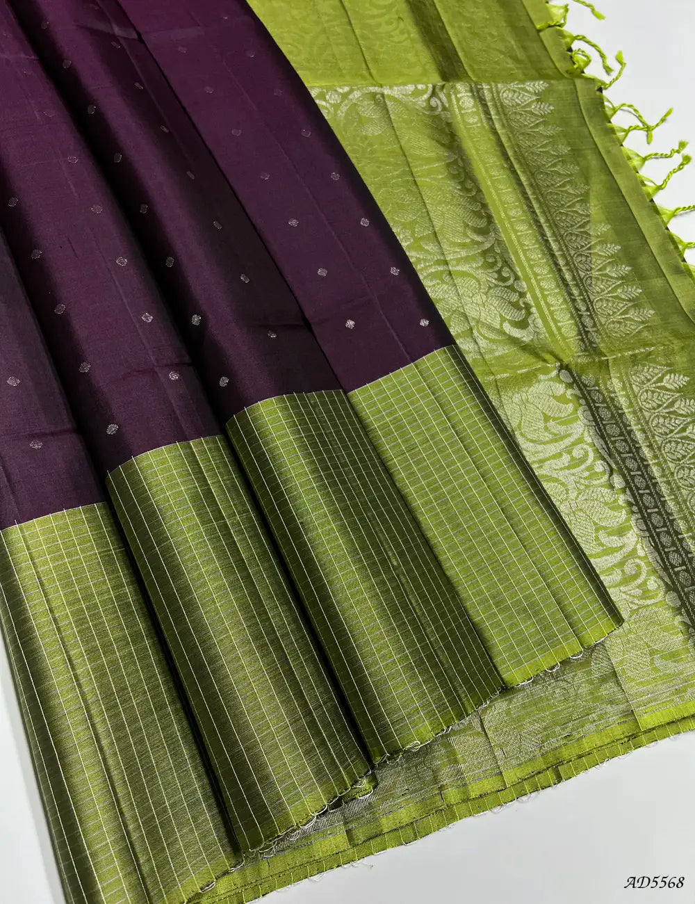 Wine & Dual Green - Bhutta With Checks Border Soft Silk Saree Front View