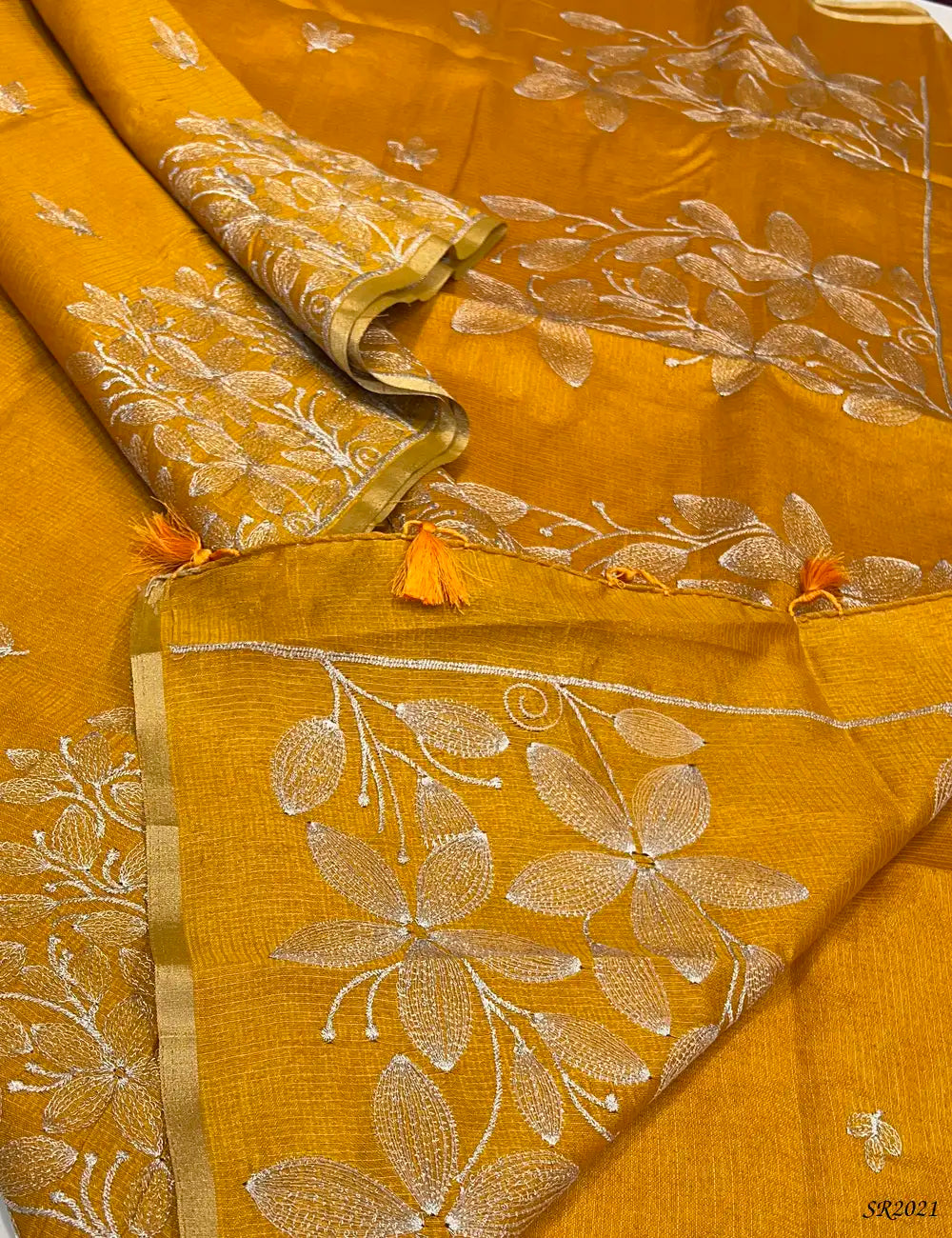 Yellow - Kota With Embroidery Saree -