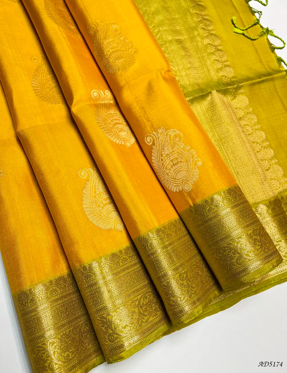 Yellow & Lime Green - Kanchi Border Soft Silk Saree Front View