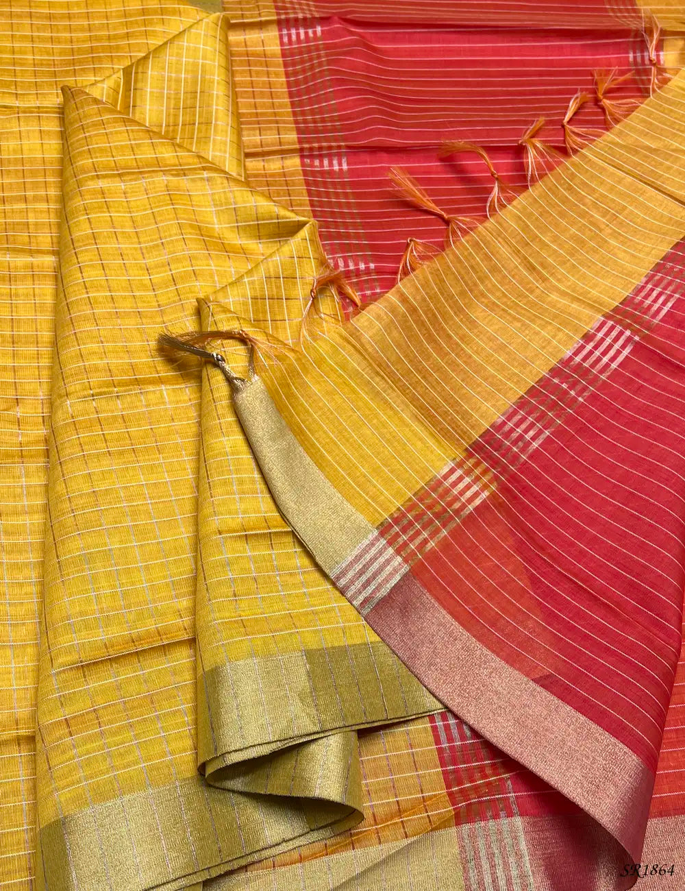 Yellow & Pink - Fancy Semi Tussar Saree Pallu View