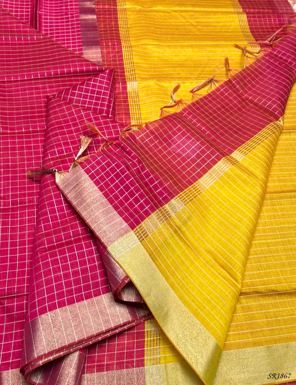 Yellow & Pink - Fancy Semi Tussar Saree Pallu View
