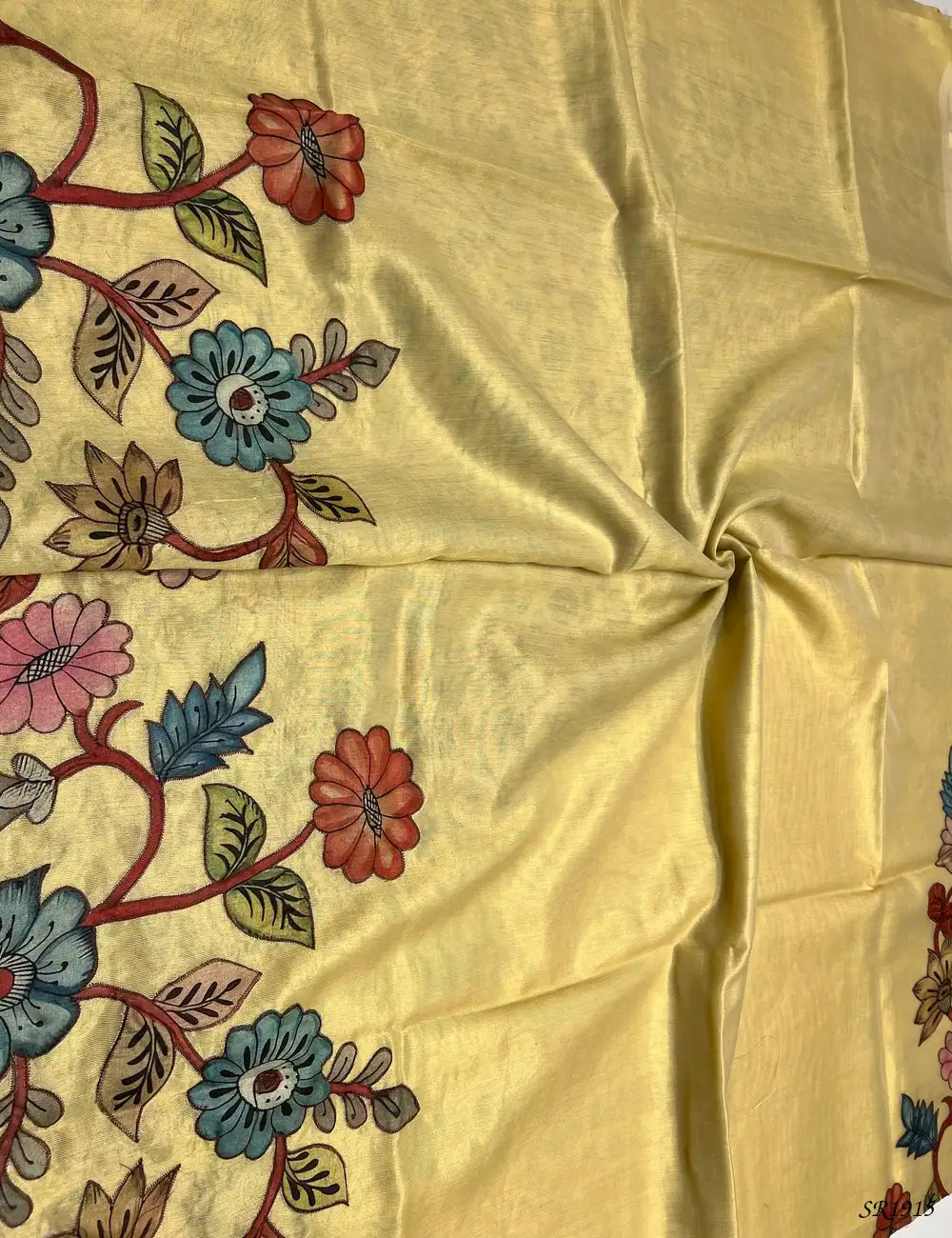 Yellow - Semi Tissue Saree Pallu View