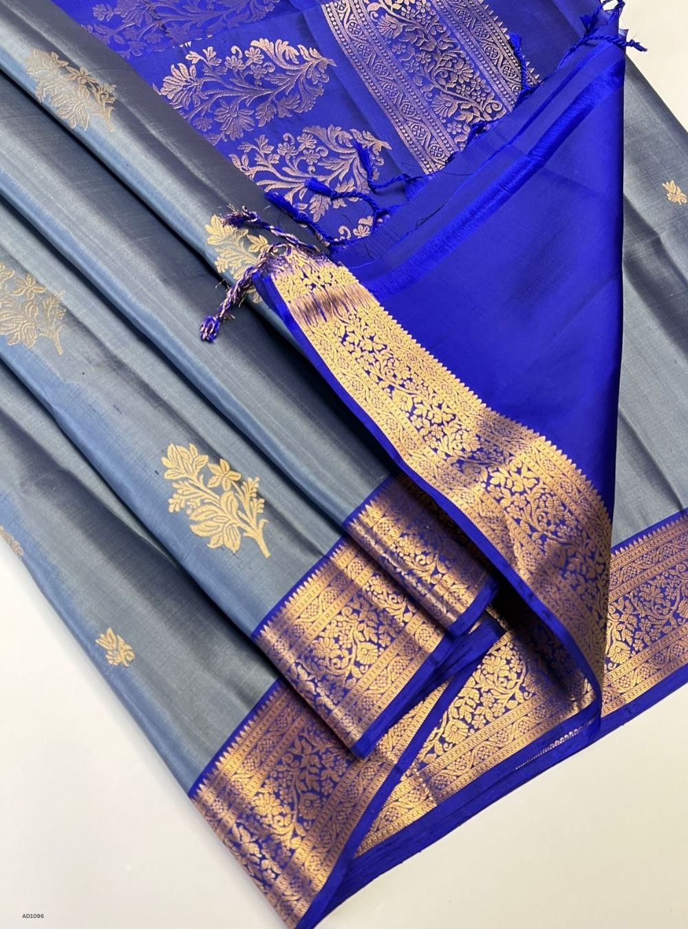Greyish Blue & Blue - Soft Silk Saree