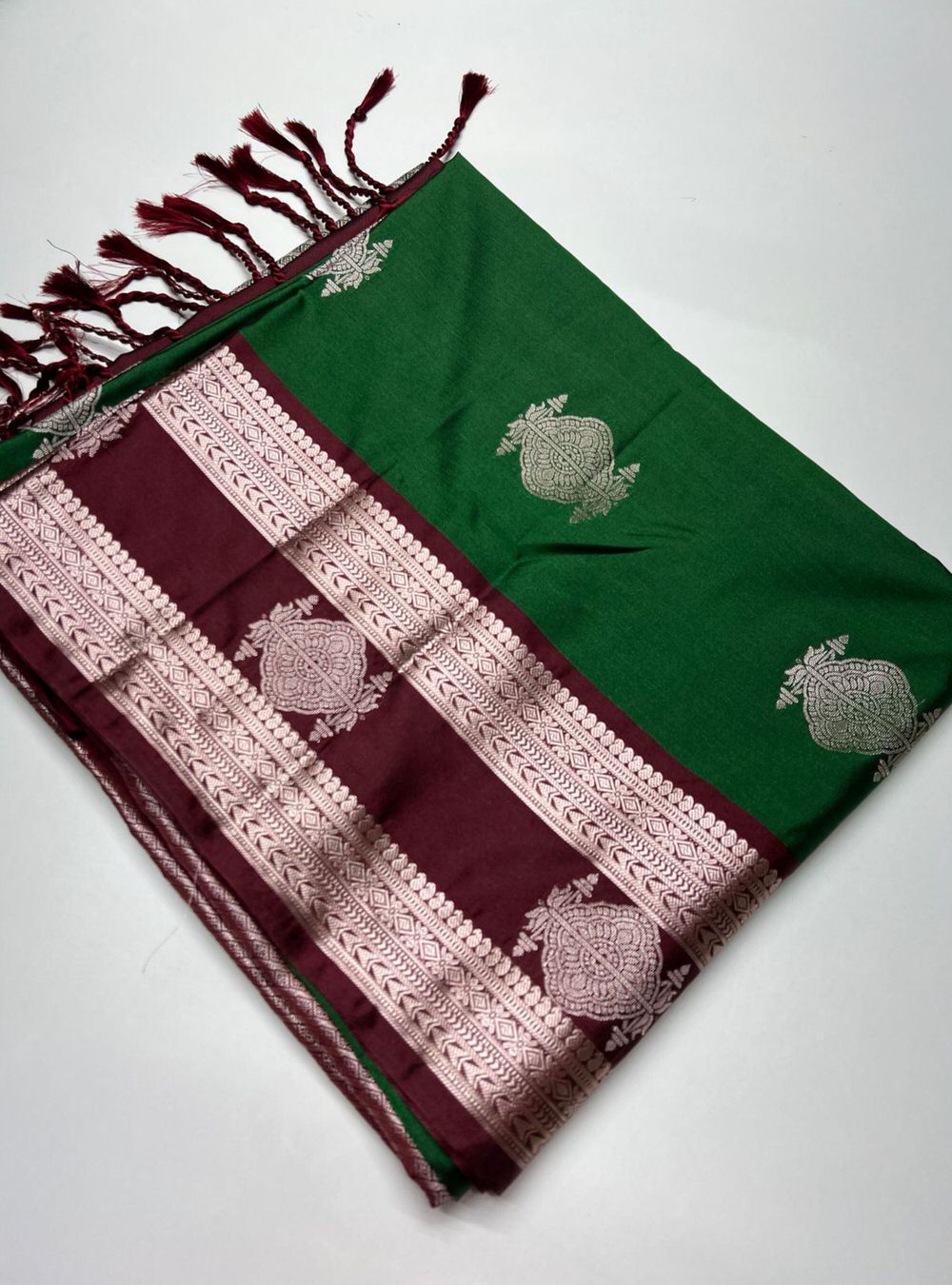 Bottle Green & Dark Brown - Semi Silk Saree